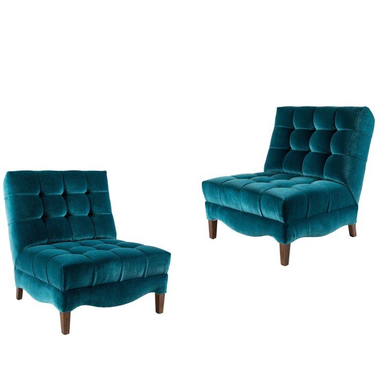 Pair Of Biscuit Tufted Slipper Chairs Covered In Teal Mohair Pair Of Biscuit Tufted Slipper Chairs Covered In Teal Mohair