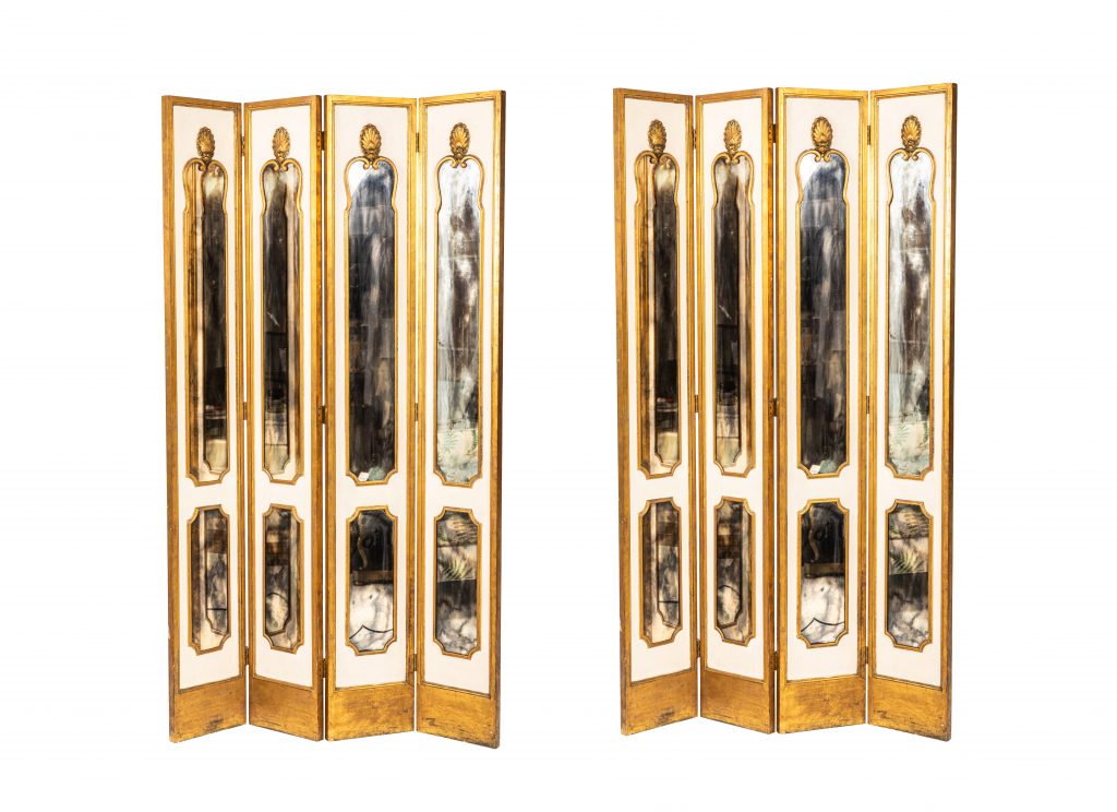 Pair Of Antique Mirror And Paint Decorated Folding Screens Antique Mirror And Paint Decorated